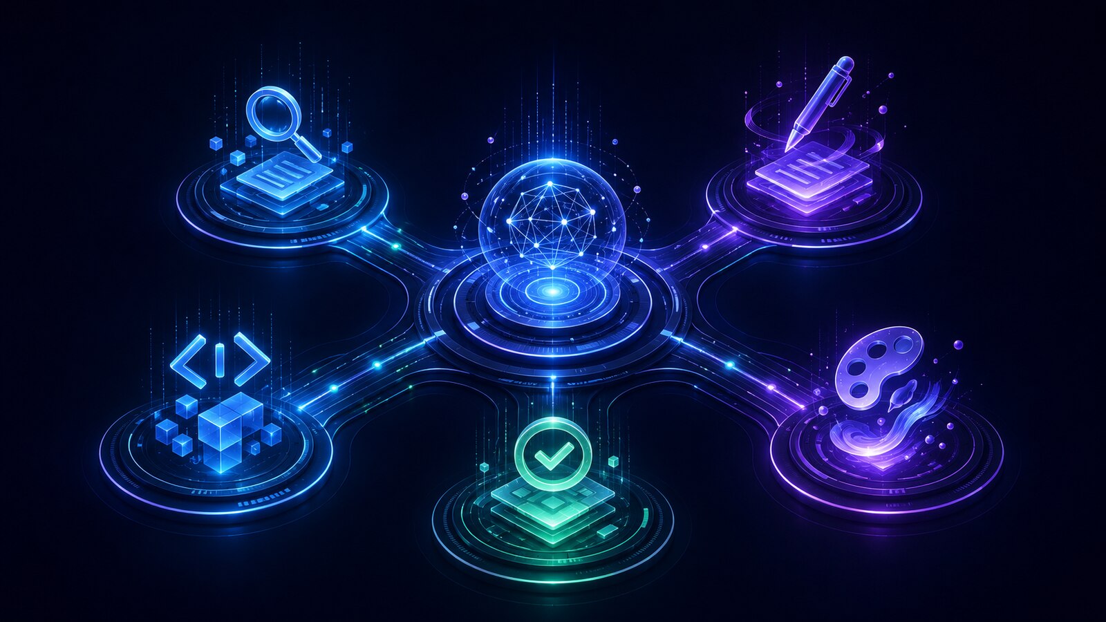 Abstract AI hub connecting research, writing, coding, productivity, and creative capability nodes