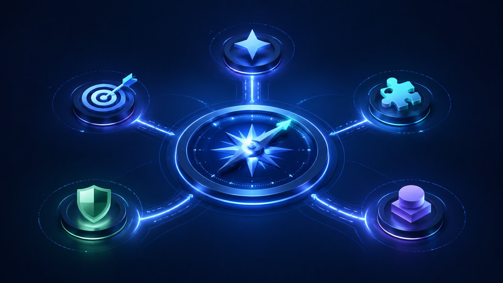 Blue decision compass linking to abstract symbols for accuracy, workflow fit, privacy, cost, and capability